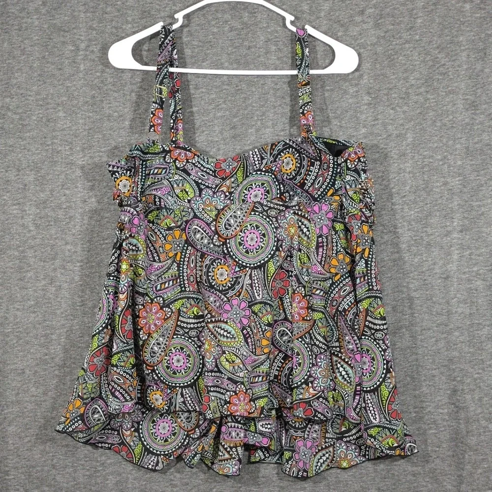 Fit 4 U Fit 4 Ur Tummy Paisley Tiered Ruffle Tankini Swim Top Plus Size 22W